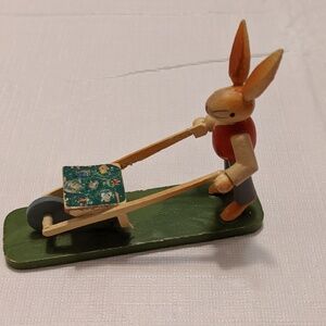 Vintage Erzegibirge Wood Easter Bunny Pushing Wheel Barrow Missing Eggs